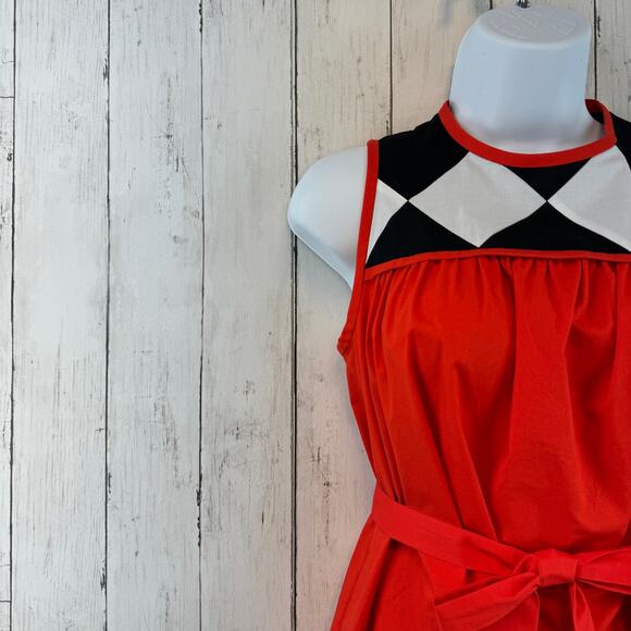Kate Spade New York Black Red Geo Babydoll Belted Sleeveless Dress  Size XS - Picture 6 of 16